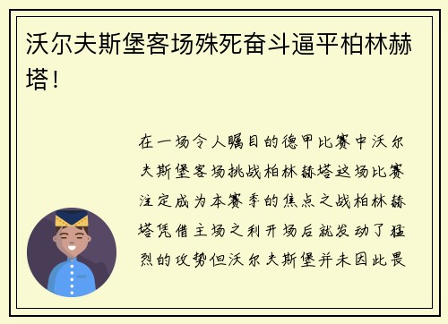沃尔夫斯堡客场殊死奋斗逼平柏林赫塔！