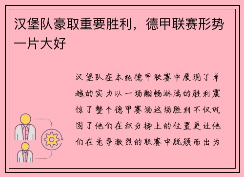 汉堡队豪取重要胜利，德甲联赛形势一片大好