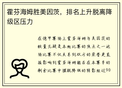 霍芬海姆胜美因茨，排名上升脱离降级区压力