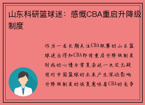 山东科研篮球迷：感慨CBA重启升降级制度