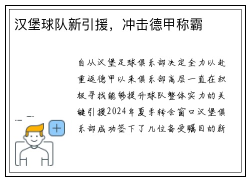 汉堡球队新引援，冲击德甲称霸