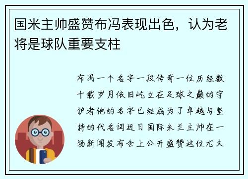 国米主帅盛赞布冯表现出色，认为老将是球队重要支柱