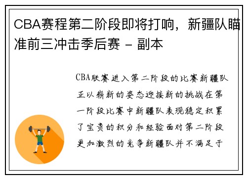 CBA赛程第二阶段即将打响，新疆队瞄准前三冲击季后赛 - 副本