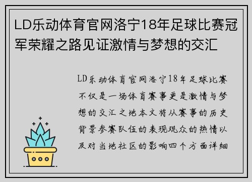 LD乐动体育官网洛宁18年足球比赛冠军荣耀之路见证激情与梦想的交汇